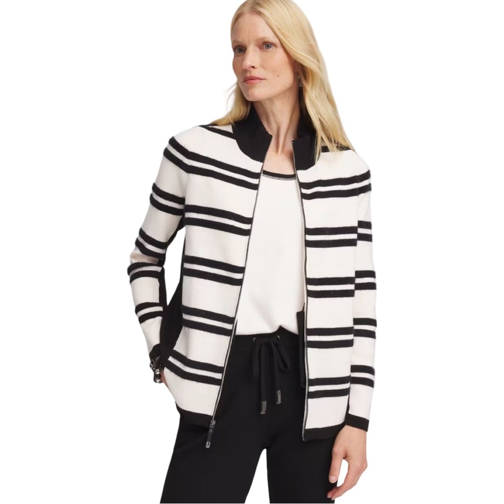 Chico's Women Luxe Cashmere‎ Blend Striped Cardigan Jacket Black Cream XL 16 EUC